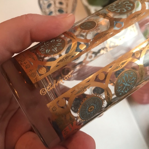 Vintage Set of 2 Midcentury Culver Aztec Tumblers - 22ct Gold, Aqua Turquoise - Picture 2 of 5